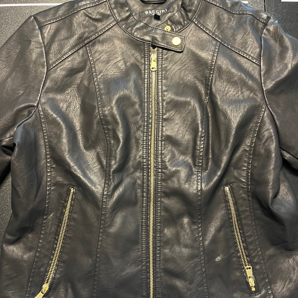 Baccini Women's Black Leather Jacket with Gold Zippers